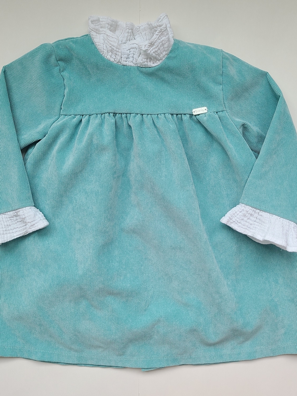 Girls' Teal Corduroy Dress with White Ruffled Collar